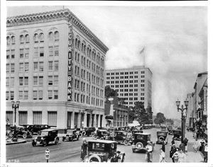 View of Hollywood Boulevard looking north from Cahuenga Avenue, showing the Security Bank building, Los Angeles, ca.1927
