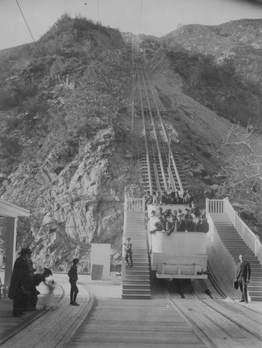 Cable car at bottom of incline
