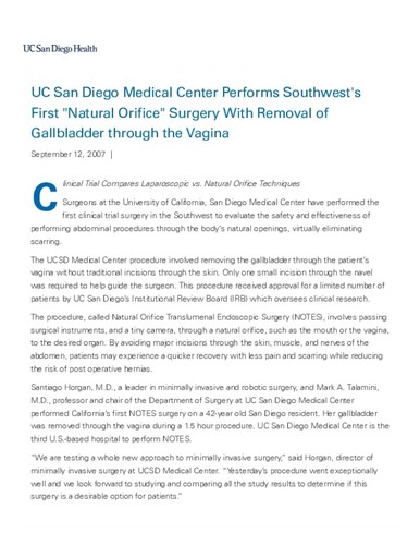UC San Diego Medical Center Performs Southwest's First "Natural Orifice" Surgery With Removal of Gallbladder through the Vagina