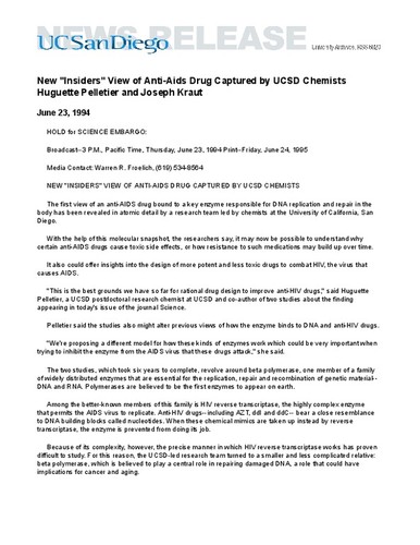 New "Insiders" View of Anti-Aids Drug Captured by UCSD Chemists Huguette Pelletier and Joseph Kraut