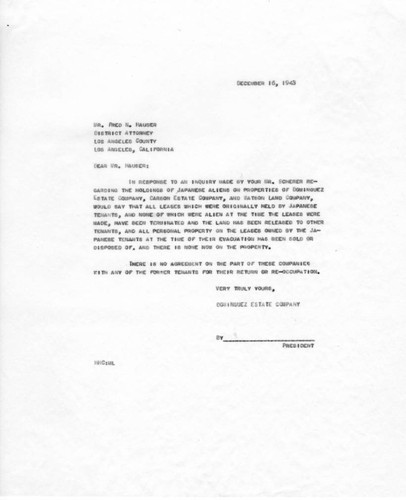 Letter from Dominguez Estate Company to Fred N. Hauser, District Attorney, Los Angeles County, December 16, 1943