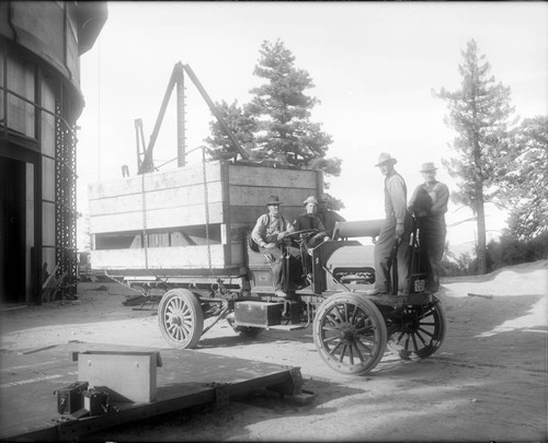 3-ton truck with a large box in front of the 100-inch telescope observatory site, Mount Wilson Observatory