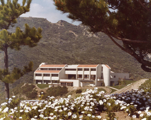 Odell McConnell Law Center with flowers in foreground, circa 1979