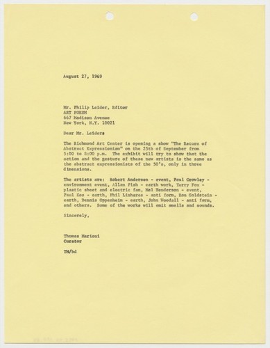 Letter to Philip Leider, Editor, Artforum, from Tom Marioni (The Return of Abstract Expressionism)