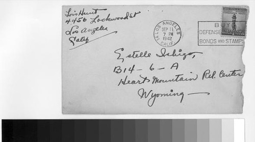 Letter, 1942 September 10, Los Angeles, Calif. to Estelle Ishigo, Heart Mountain Relocation Center, Wyo