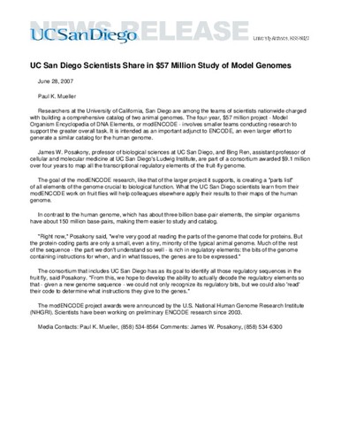 UC San Diego Scientists Share in $57 Million Study of Model Genomes