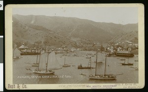 View of Avalon Harbor, showing the Hermosa I leaving the dock, ca.1900