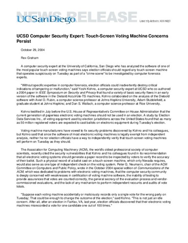 UCSD Computer Security Expert: Touch-Screen Voting Machine Concerns Persist