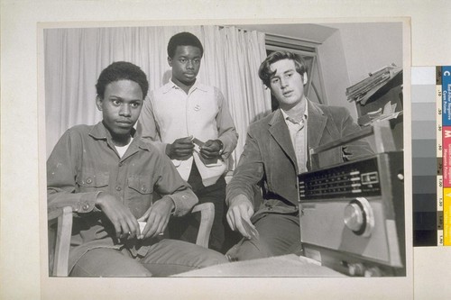 Draft Lottery. Shelton Bunn (#131), Roosevelt Alexander (#264), Mike Boland (#1), listening to radio broadcast of lottery in Phelan Hall, USF