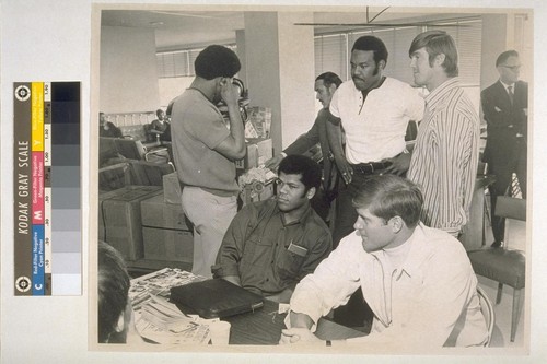 Seated (left) Butch Byrd, Buffalo, (right) George Kunz, Atlanta. Standing (back to camera), Clint Jones, Minnesota, John Brown, (left) Pittsburg, Jerry Smith (right), Washington