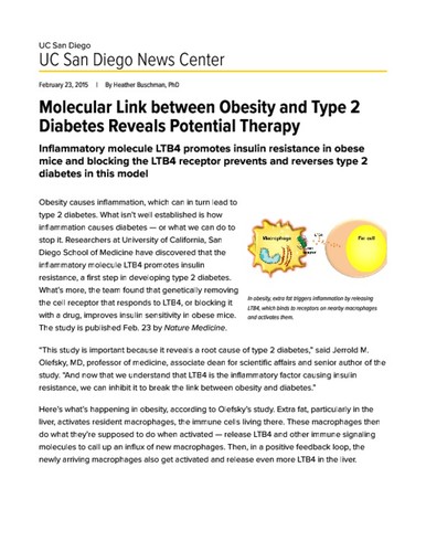 Molecular Link between Obesity and Type 2 Diabetes Reveals Potential Therapy