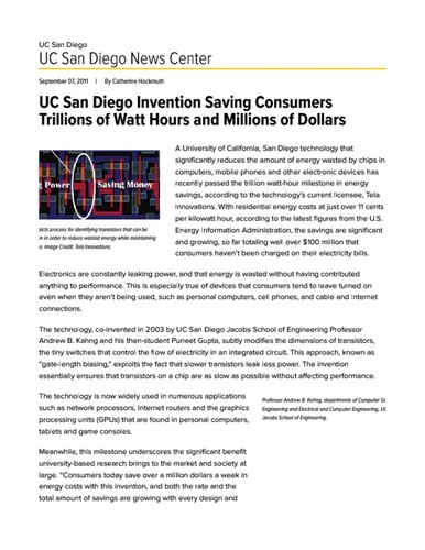 UC San Diego Invention Saving Consumers Trillions of Watt Hours and Millions of Dollars