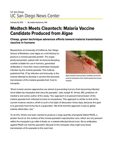 Medtech Meets Cleantech: Malaria Vaccine Candidate Produced from Algae