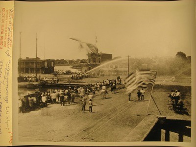 Stockton - Centennial Celebration: Demonstration of Fire Engine, El Dorado looking north at waterfront