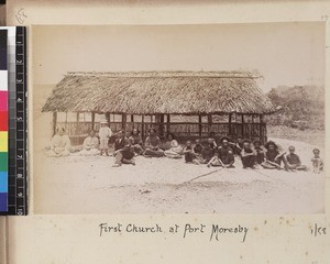 View of group outside church, Port Moresby, Papua New Guinea, ca.1890