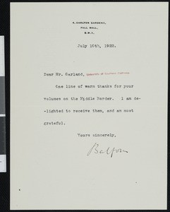 Arthur James Balfour, letter, 1922-07-10, to Hamlin Garland