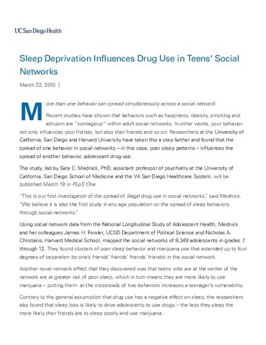 Sleep Deprivation Influences Drug Use in Teens’ Social Networks