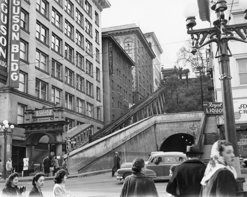 View of Hill and 3rd streets, Angels Flight