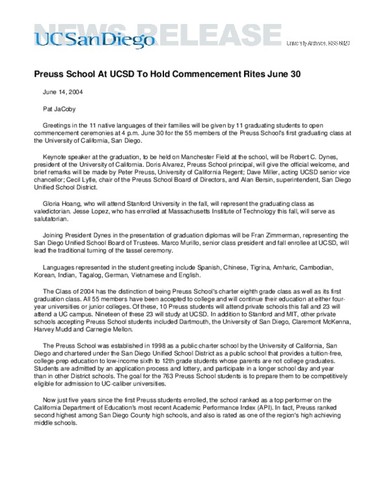 Preuss School At UCSD To Hold Commencement Rites June 30