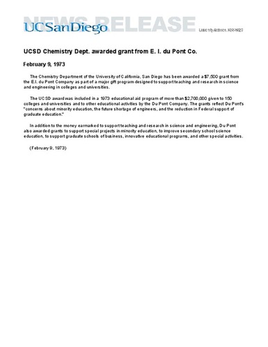 UCSD Chemistry Dept. awarded grant from E. I. du Pont Co