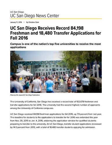UC San Diego Receives Record 84,198 Freshman and 18,480 Transfer Applications for Fall 2016