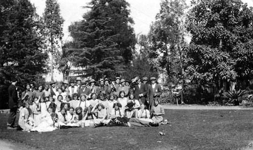Group picture, seems to be the Rubes of Santa Ana High School on Rube Day about 1912