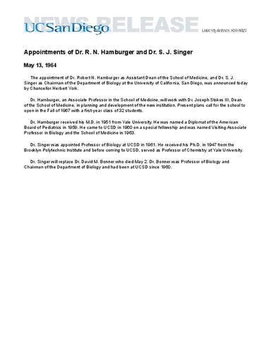 Appointments of Dr. R. N. Hamburger and Dr. S. J. Singer