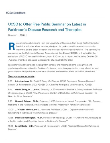 UCSD to Offer Free Public Seminar on Latest in Parkinson's Disease Research and Therapies