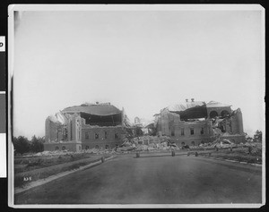 View of the Gymnasium at Stanford University following the 1906 earthquake, 1906