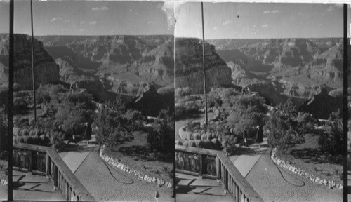 View of Grand Canyon from veranda of El Tovar Hotel