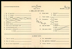 WPA Low income housing area survey data card 212, serial 16573, vacant