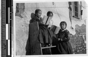 Three girls reading catechisms, Peng Yang, Korea, ca. 1920-1940