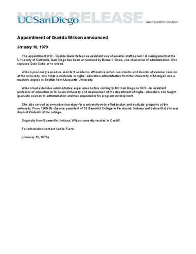 Appointment of Quelda Wilson announced