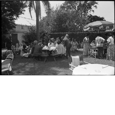 Men and women talking at backyard garden party
