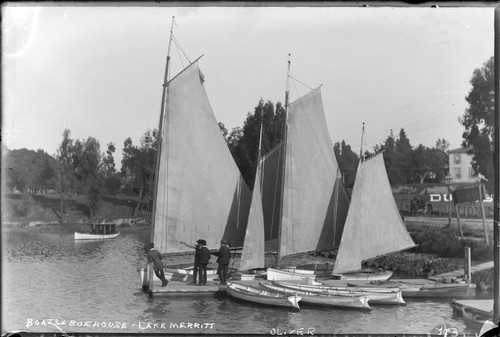 Boats and boathouse, Lake Merritt, Oakland. [negative]