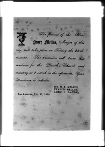 Invitation to the funeral for Henry Mellus, mayor of Los Angeles, 1860