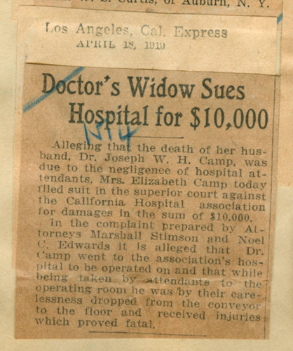 Doctor's widow sues hospital for $10,000