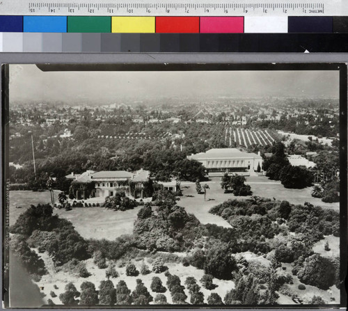 Aerial view of Huntington residence, library building, and grounds, September 2 1930
