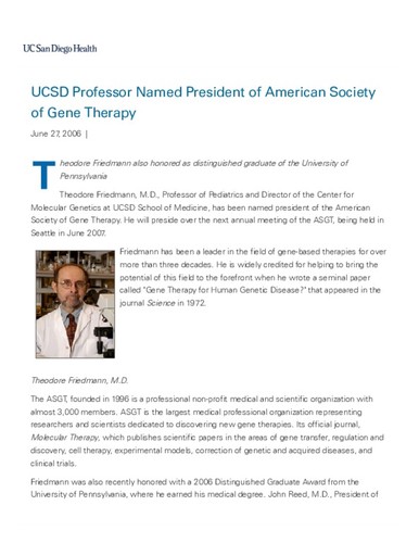UCSD's Theodore Friedmann Named President of American Society of Gene Therapy