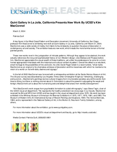 Quint Gallery In La Jolla, California Presents New Work By UCSD's Kim MacConnel