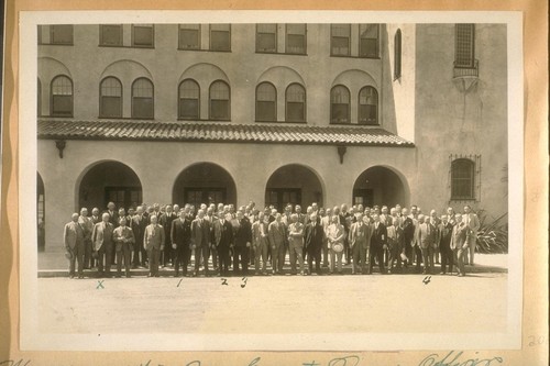 Meeting of the Bay County Peace Officers Association at the Sanoma [Sonoma] Inn - Sanoma [Sonoma] City - Calif. Aug. 26/31. Marked with cross is Jesse B. Cook - 1. Chief Wm. J. Quinn, S.F. [San Francisco] Dept., 2. Chief Harper of Burlingame Dept., 3. Geo. Hearst of the S.F. Examiner, 4. Joe Murphy of the American Trust Co