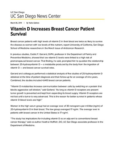 Vitamin D Increases Breast Cancer Patient Survival