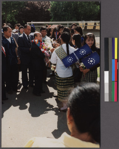 Greeting Khong Le (Khmu general during the Secret War) at a party in his honor, Fresno, California