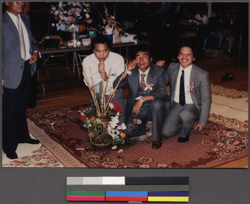 Three men drinking rice wine, Northern California