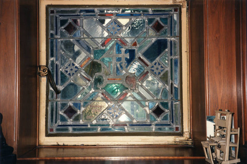 Stained glass in Rare Book Room of Denison Library, Scripps College