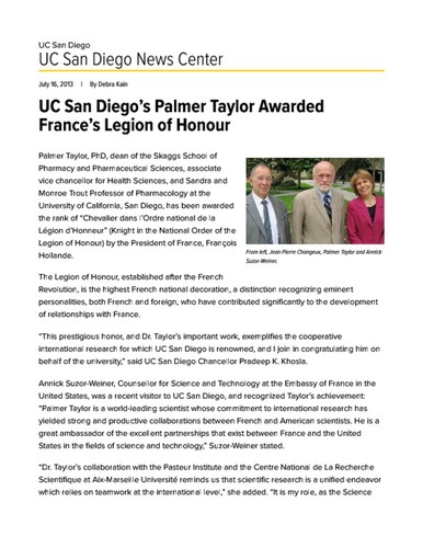UC San Diego’s Palmer Taylor Awarded France’s Legion of Honour