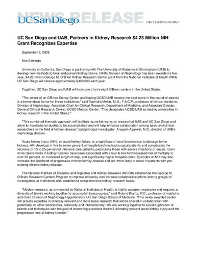 UC San Diego and UAB, Partners in Kidney Research $4.23 Million NIH Grant Recognizes Expertise
