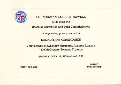 Invitation to the Dedication Ceremony for the John Steven McGroarty Memorial Archive-Library