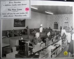 Ernie Julius talks with customers at his Pine Cone Restaurant at 162 North Main Street in Sebastopol, 1950s