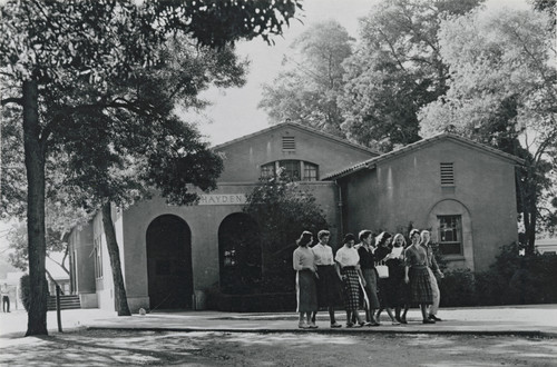 Students walking in front of Hayden Hall, 1957